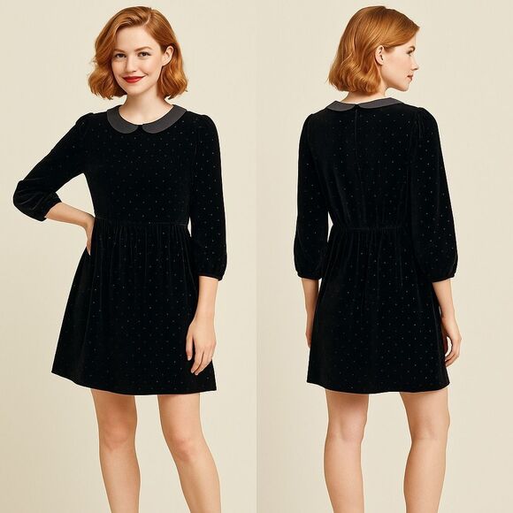 Alexa Chung X Madewell Black Velvet Dot Dress 10 NWT Twee Holidays Gothic Mod - Picture 2 of 14